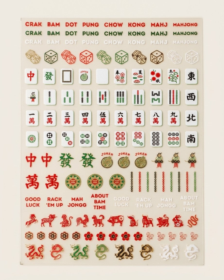 Mahjong nail art sticker sheet in red, green, gold, and white on cream