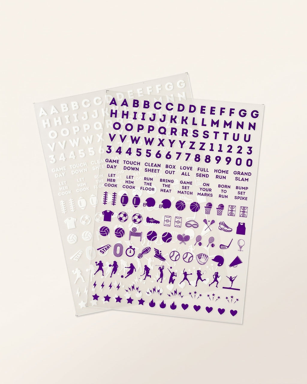 Northwestern set: two nail art sticker sheets, one purple and one white, with letters, numbers, game-day phrases, and sports icons