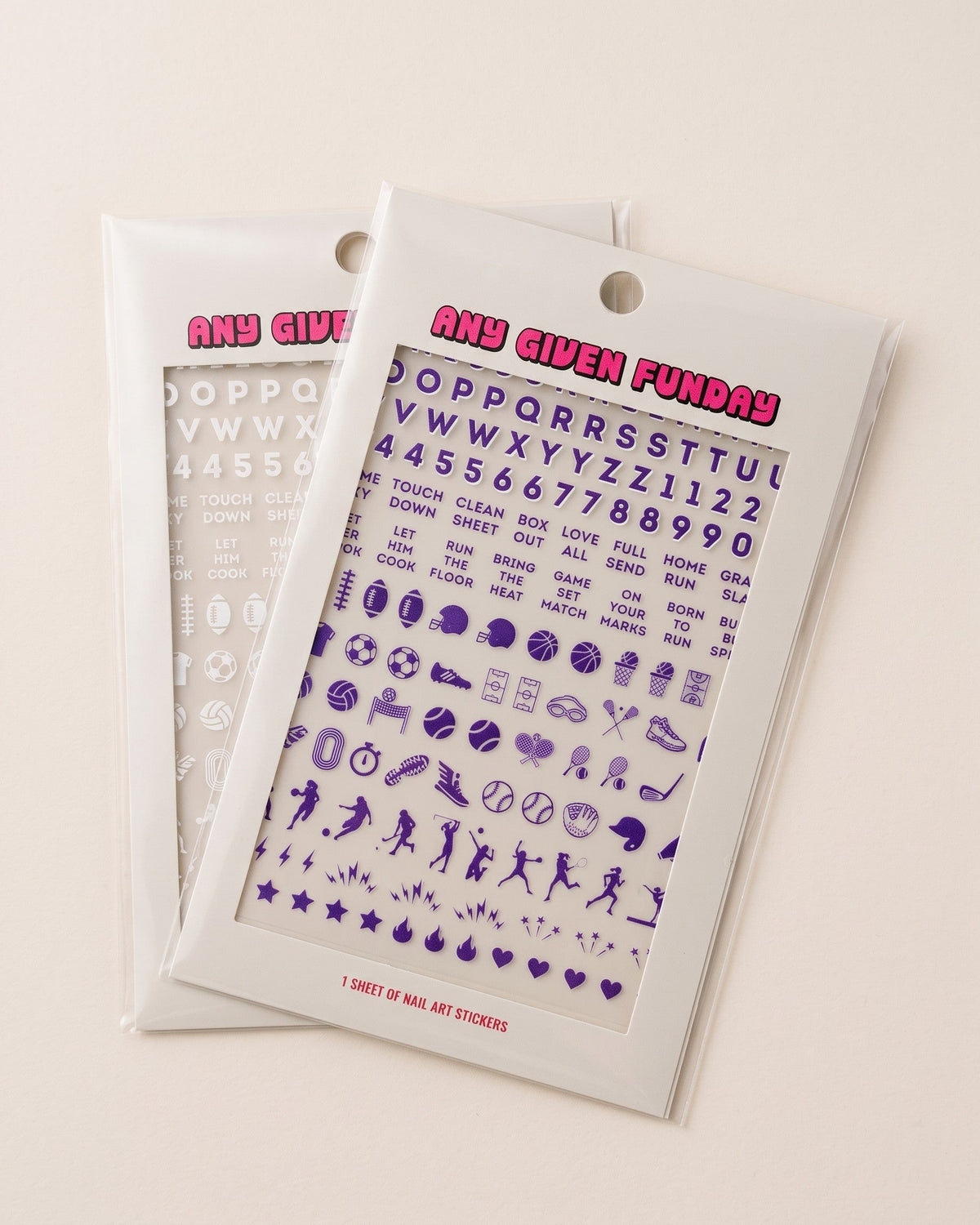 Northwestern purple and white nail sticker sheets in Any Given Funday packaging