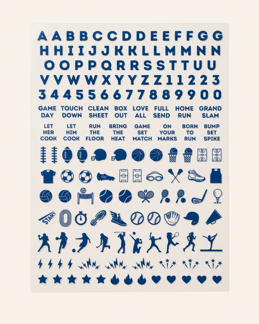 UCLA set: blue nail art sticker sheet with letters, numbers, game-day phrases, and sports icons