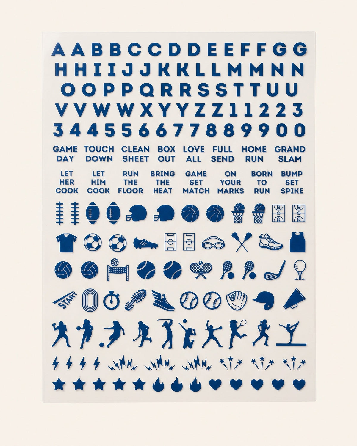 Notre Dame set: blue nail art sticker sheet with letters, numbers, game-day phrases, and sports icons