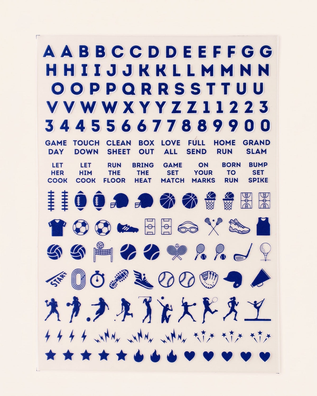 School Spirit nail art sticker sheet in Blue: letters, numbers, game-day phrases, and sports icons