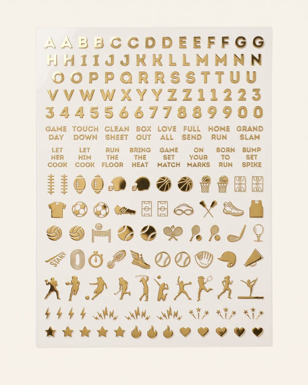 Iowa set: gold chrome nail art sticker sheet with letters, numbers, game-day phrases, and sports icons