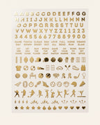 Iowa set: gold chrome nail art sticker sheet with letters, numbers, game-day phrases, and sports icons