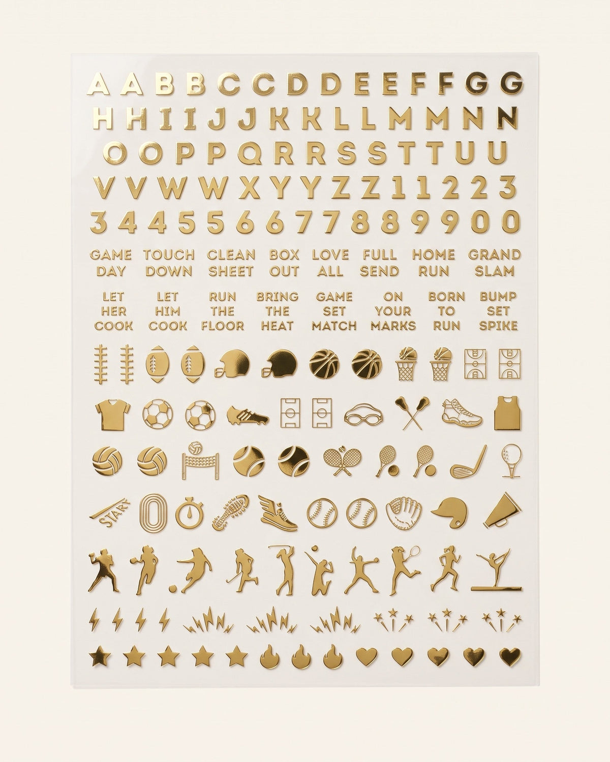 Iowa set: gold chrome nail art sticker sheet with letters, numbers, game-day phrases, and sports icons