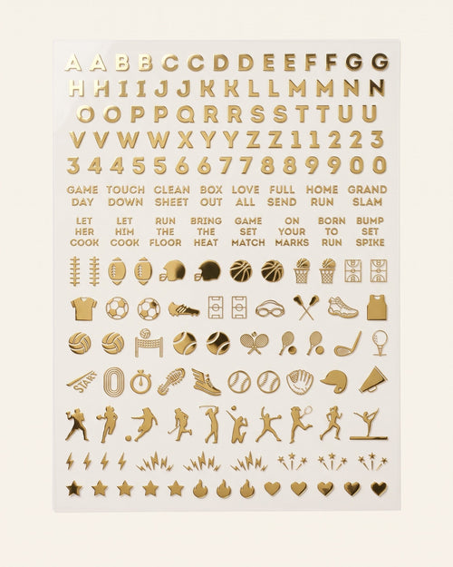Iowa set: gold chrome nail art sticker sheet with letters, numbers, game-day phrases, and sports icons