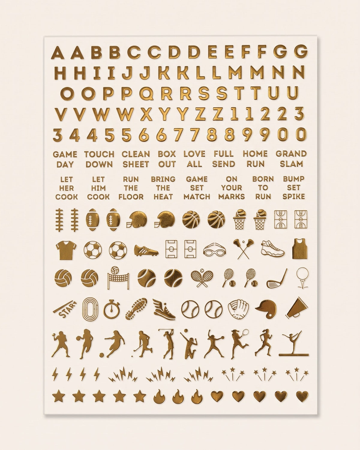 School Spirit nail art sticker sheet in Gold Chrome: letters, numbers, game-day phrases, and sports icons