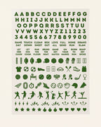 Oregon set: green nail art sticker sheet with letters, numbers, game-day phrases, and sports icons