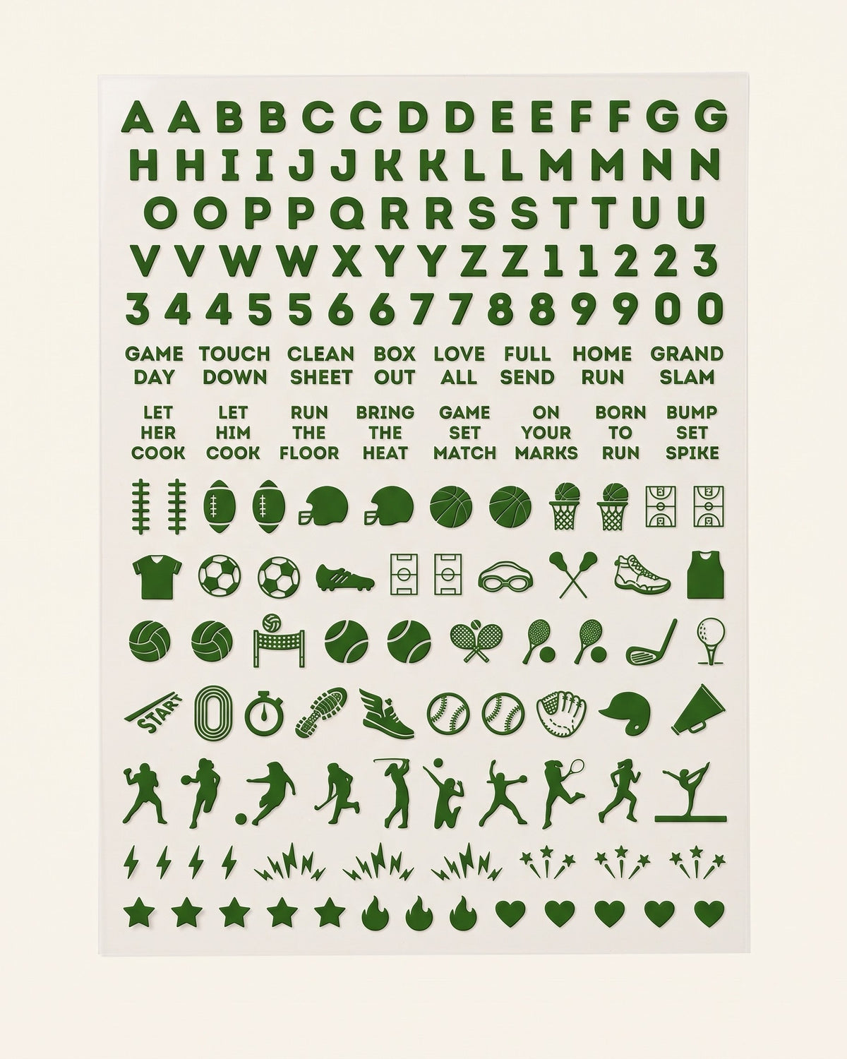 School Spirit nail art sticker sheet in Green: letters, numbers, game-day phrases, and sports icons