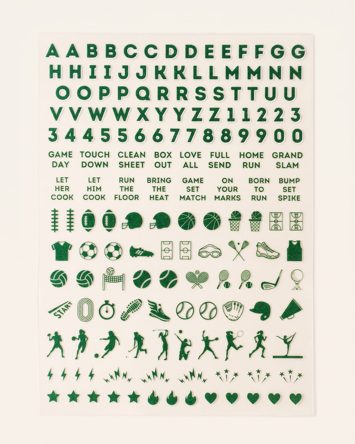 School Spirit nail art sticker sheet in Green: letters, numbers, game-day phrases, and sports icons