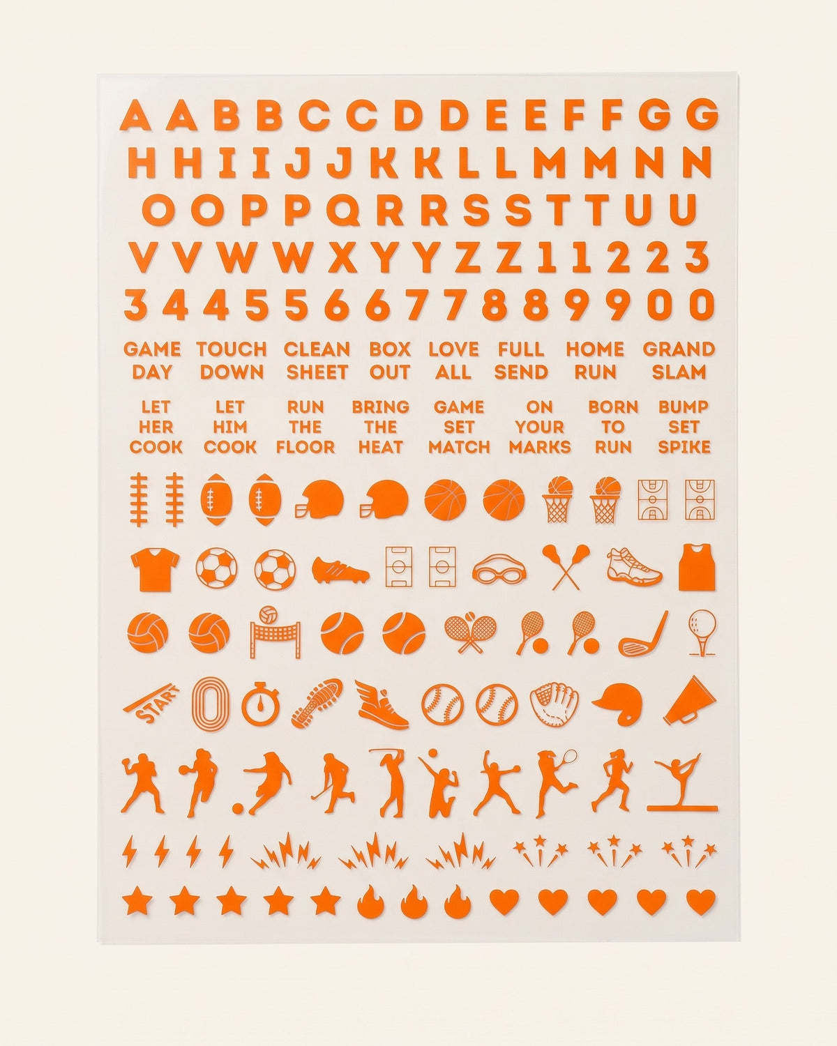 Illinois set: orange nail art sticker sheet with letters, numbers, game-day phrases, and sports icons
