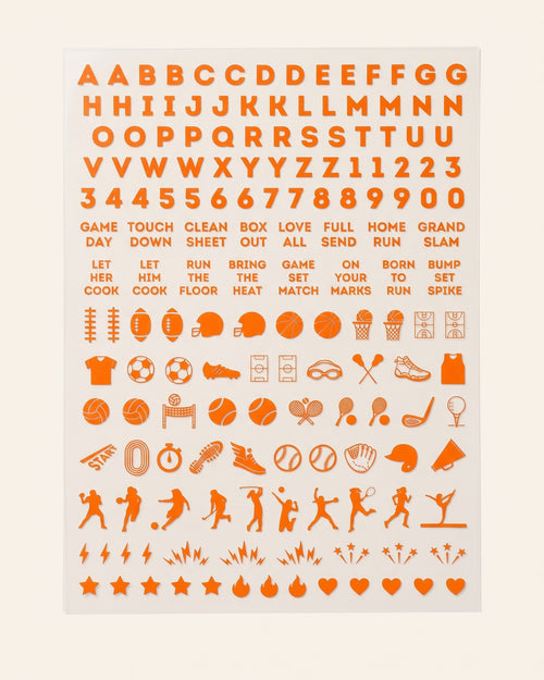 Illinois set: orange nail art sticker sheet with letters, numbers, game-day phrases, and sports icons