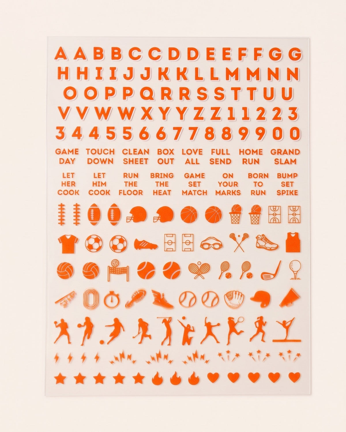 School Spirit nail art sticker sheet in Orange: letters, numbers, game-day phrases, and sports icons
