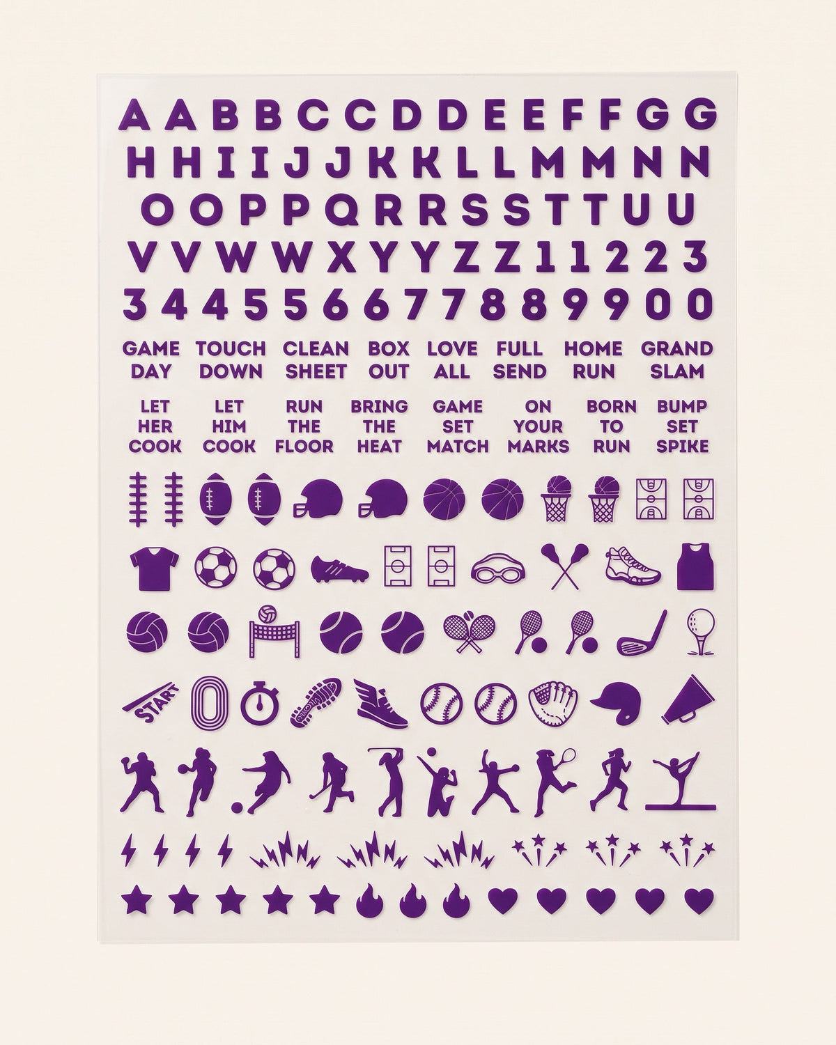 LSU set: purple nail art sticker sheet with letters, numbers, game-day phrases, and sports icons