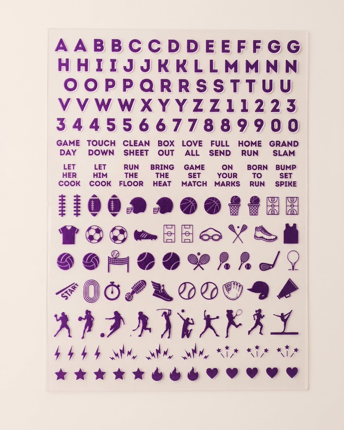 School Spirit nail art sticker sheet in Purple: letters, numbers, game-day phrases, and sports icons
