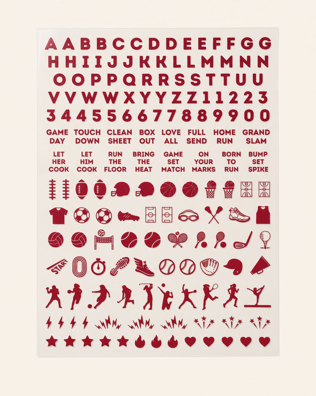 Wisconsin set: red nail art sticker sheet with letters, numbers, game-day phrases, and sports icons