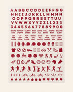 Alabama set: red nail art sticker sheet with letters, numbers, game-day phrases, and sports icons