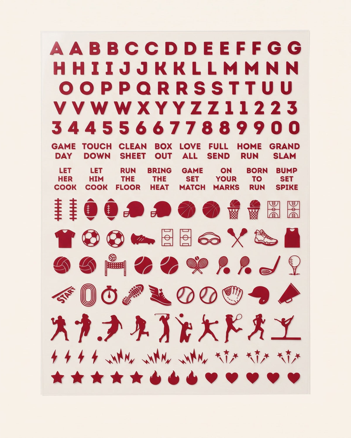 Oklahoma set: red nail art sticker sheet with letters, numbers, game-day phrases, and sports icons