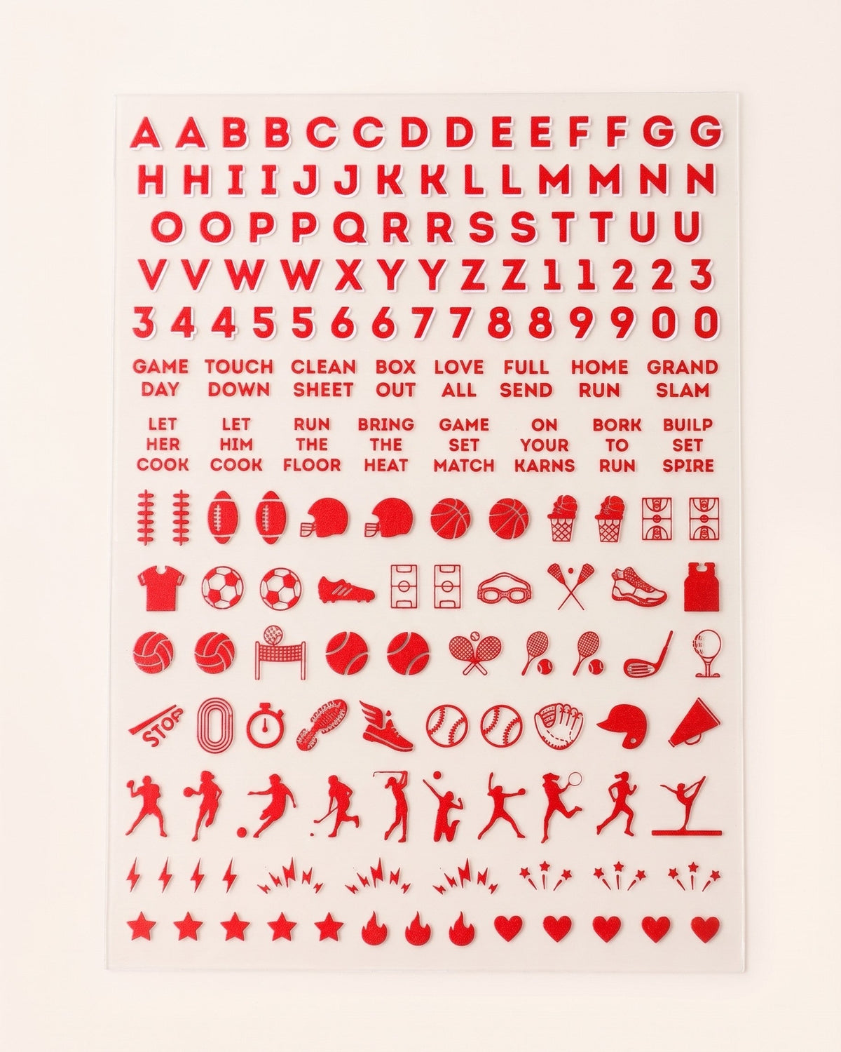 School Spirit nail art sticker sheet in Red: letters, numbers, game-day phrases, and sports icons