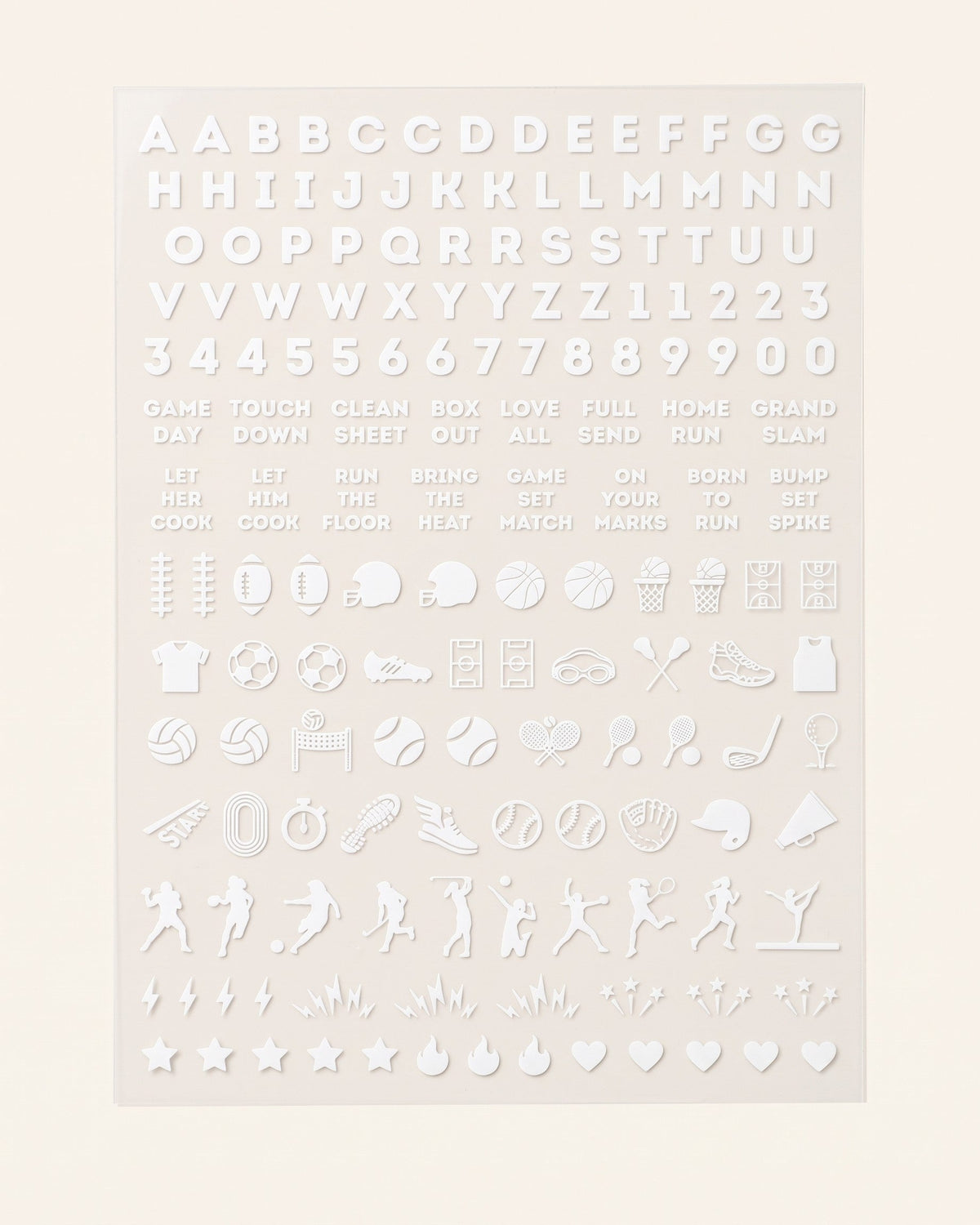 Michigan State set: white nail art sticker sheet with letters, numbers, game-day phrases, and sports icons