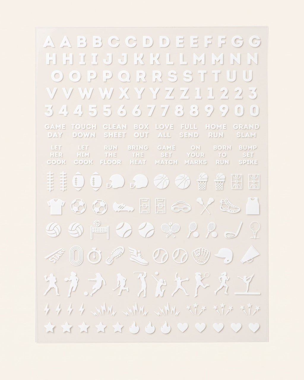 Wisconsin set: white nail art sticker sheet with letters, numbers, game-day phrases, and sports icons