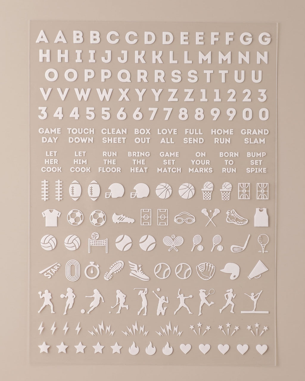 School Spirit nail art sticker sheet in White: letters, numbers, game-day phrases, and sports icons