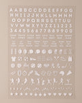 School Spirit nail art sticker sheet in White: letters, numbers, game-day phrases, and sports icons