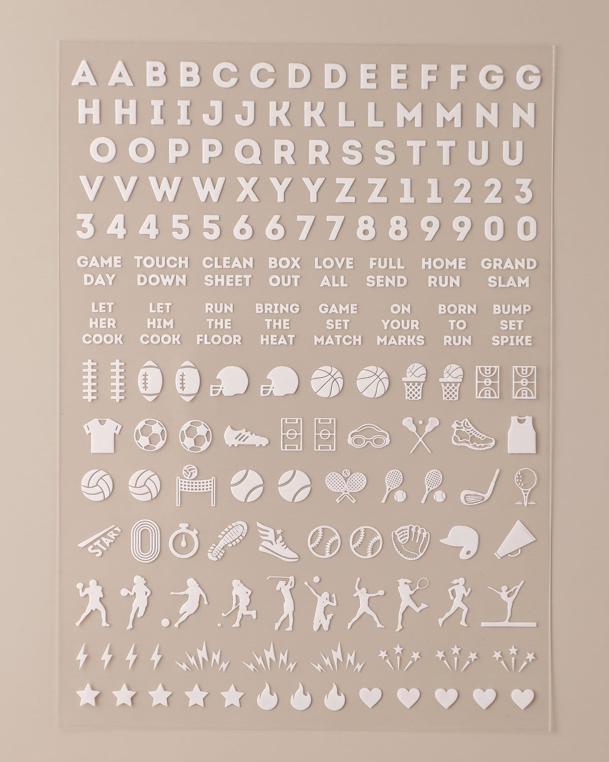School Spirit nail art sticker sheet in White: letters, numbers, game-day phrases, and sports icons