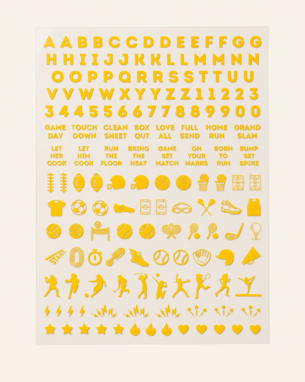 Oregon set: yellow nail art sticker sheet with letters, numbers, game-day phrases, and sports icons