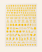 Oregon set: yellow nail art sticker sheet with letters, numbers, game-day phrases, and sports icons