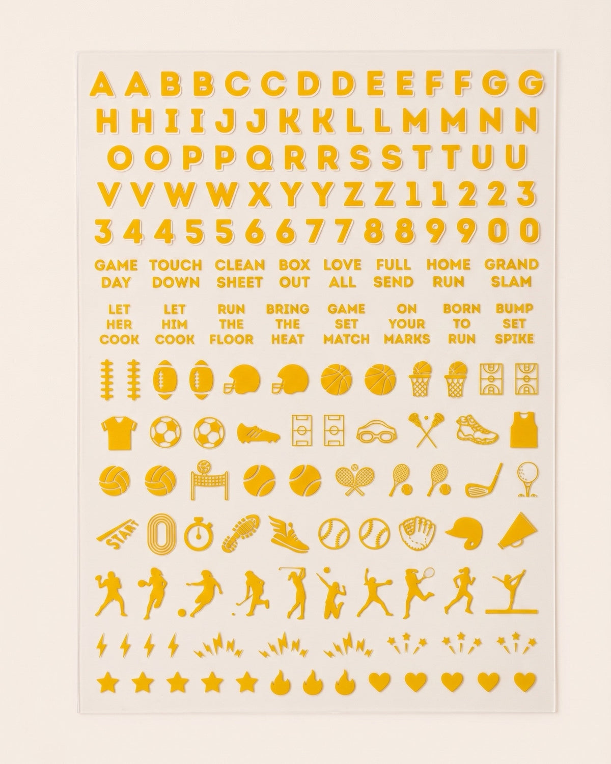 School Spirit nail art sticker sheet in Yellow: letters, numbers, game-day phrases, and sports icons